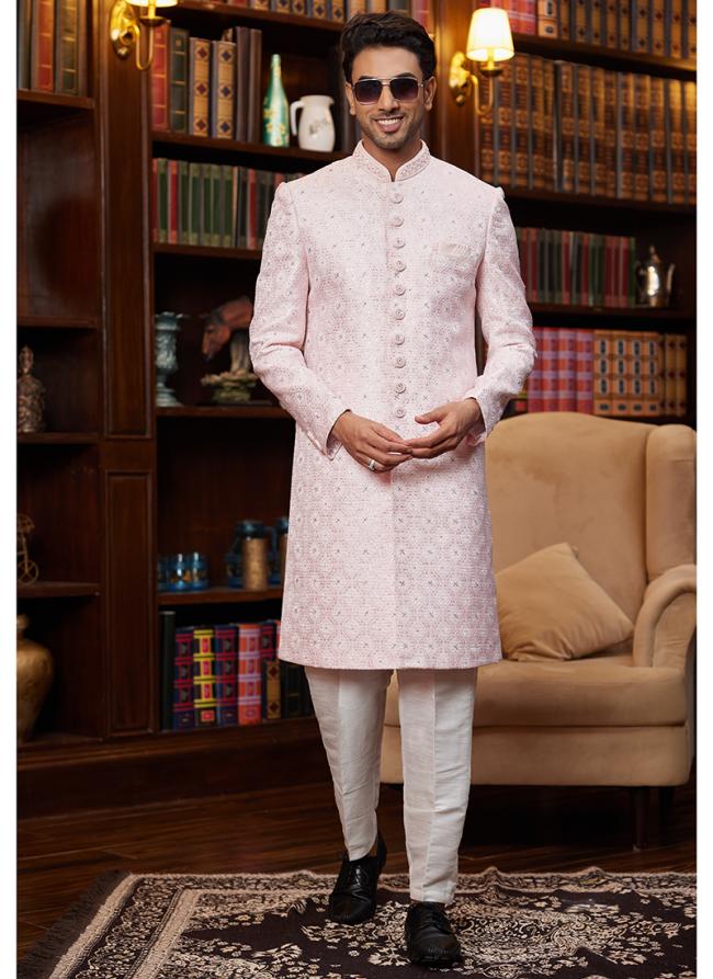 Jacquard Silk Light Pink Wedding Wear Hand Work Readymade Sherwani